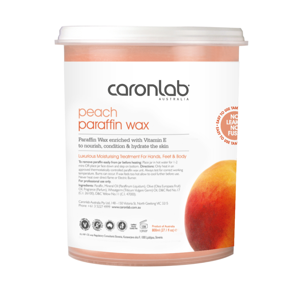 Caronlab peach paraffin wax container on a white background