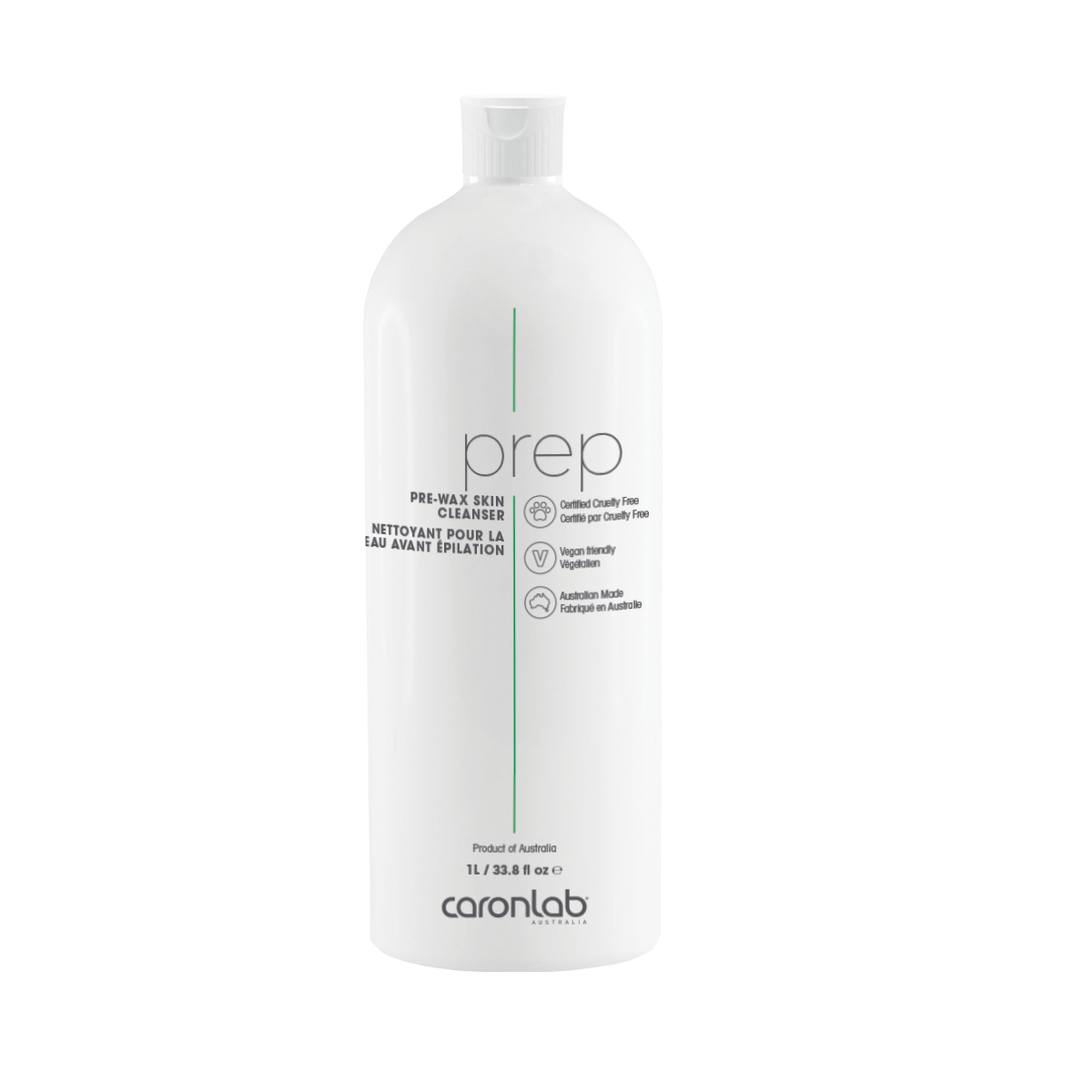 White bottle labeled 'prep' by caronlab on a white background