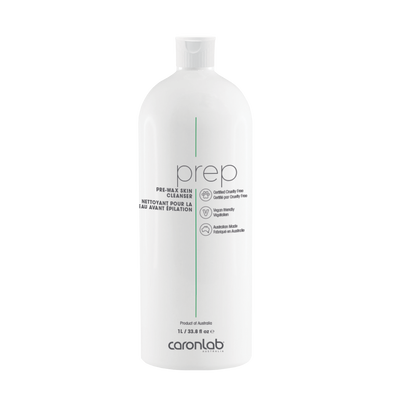 White bottle labeled 'prep' by caronlab on a white background