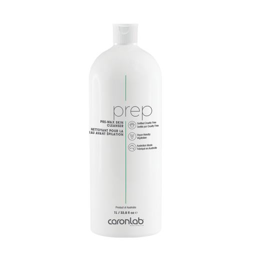 White bottle labeled 'prep' by caronlab on a white background