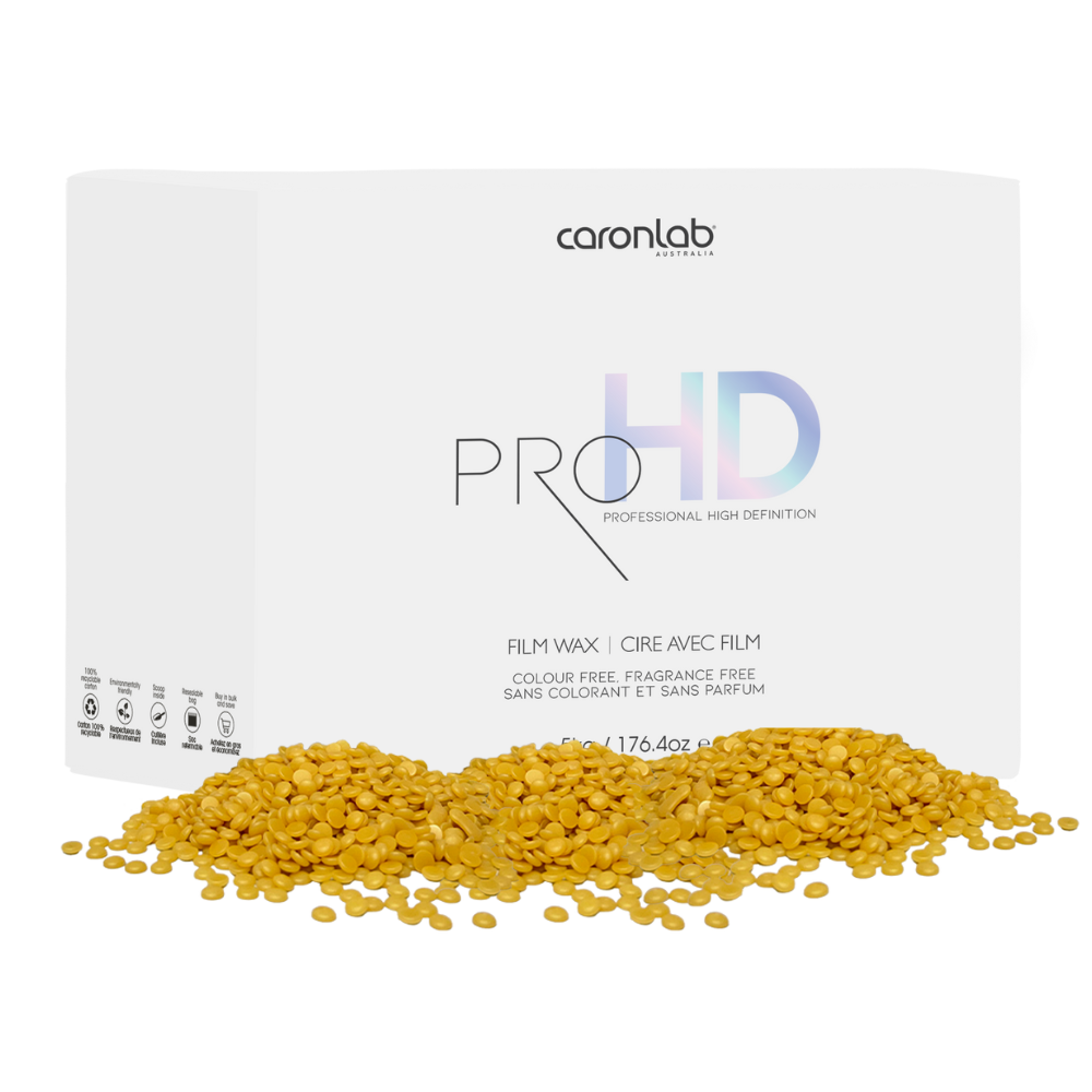 Caronlab Pro HD film wax 5kg box with  wax crystals on a white background