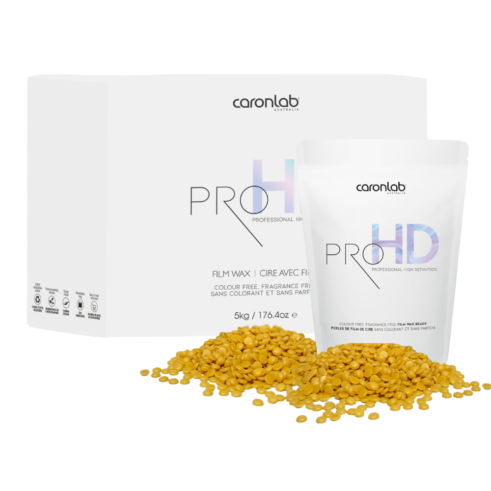 Caronlab PRO HD bead wax packaging with yellow resin beads on a white background