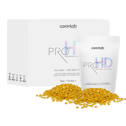 Caronlab PRO HD bead wax packaging with yellow resin beads on a white background