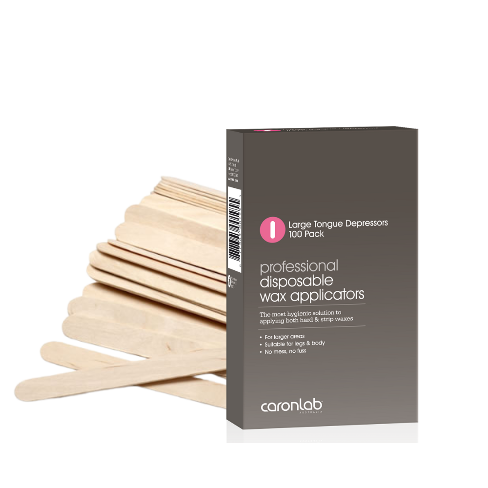 Box of caronlab large disposable wax applicators with wooden tongue depressors on a white background