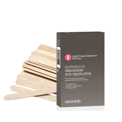 Box of caronlab large disposable wax applicators with wooden tongue depressors on a white background