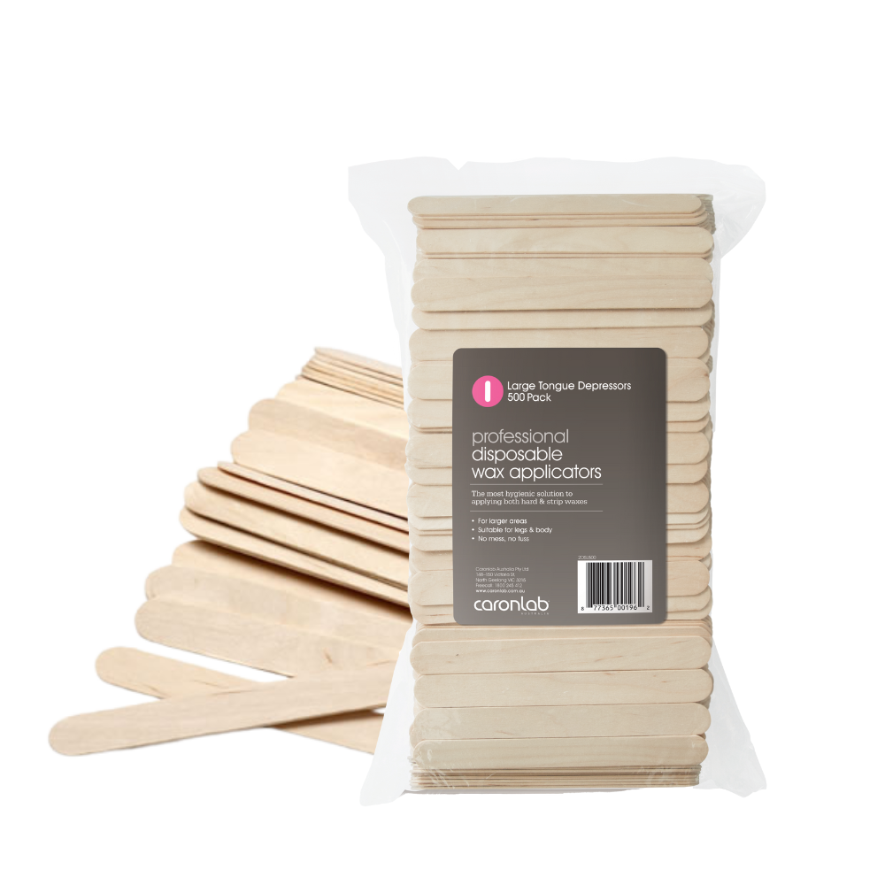 Pack of caronlab professional large disposable wax applicators with wooden tongue depressors on a white background