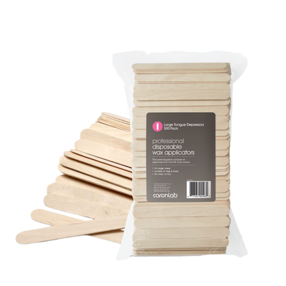 Pack of caronlab professional large disposable wax applicators with wooden tongue depressors on a white background