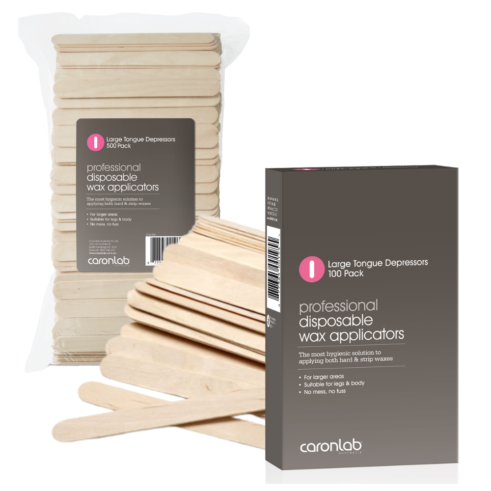 Pack of professional disposable wax large tongue depressor applicators with Caronlab packaging on a white background