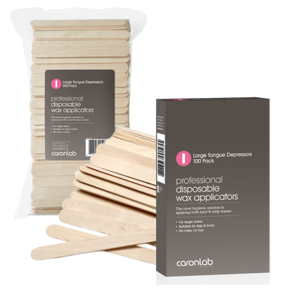 Pack of professional disposable wax large tongue depressor applicators with Caronlab packaging on a white background