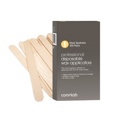 Box of caronlab professional disposable  maxi wax applicators with wooden sticks on a white background