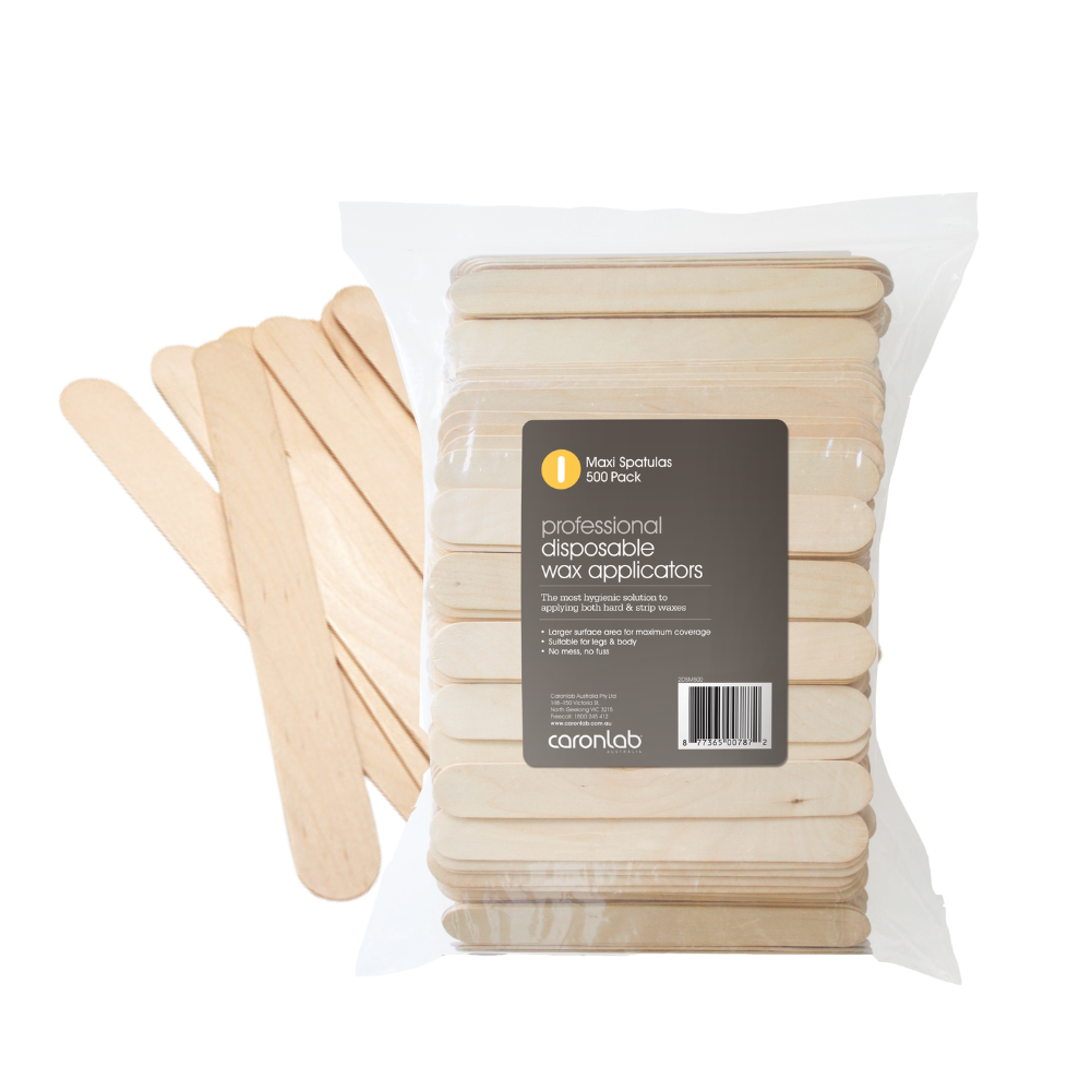 Pack of caronlab disposable maxi wax applicators with a clear plastic bag on a white background