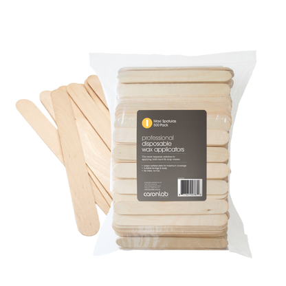 Pack of caronlab disposable maxi wax applicators with a clear plastic bag on a white background