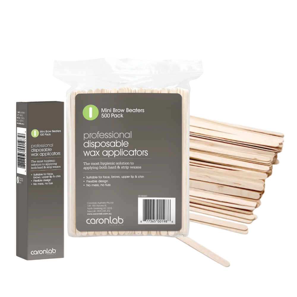 Caronlab brow beaters disposable wax applicators with packaging on a white background and wooden brow beater spatulas