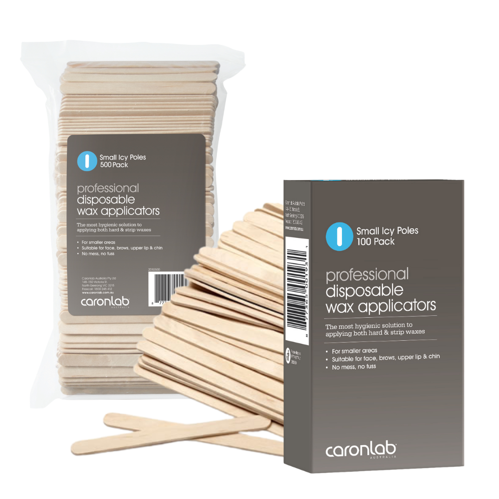 Packaging of caronlab professional small disposable wax applicators on a white background