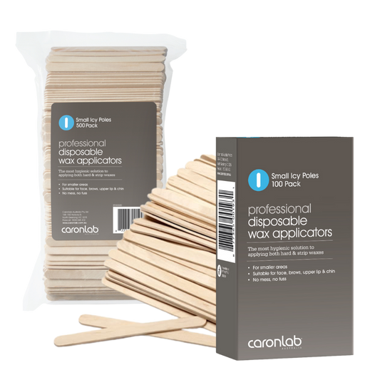 Packaging of caronlab professional small disposable wax applicators on a white background