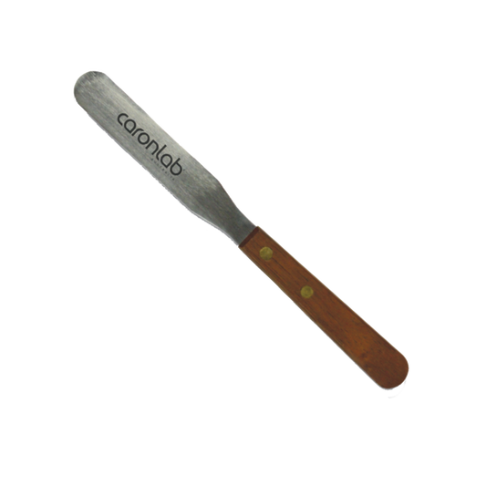 Caronlab metal rusable spatula with wooden handle and metal blade on a white background.