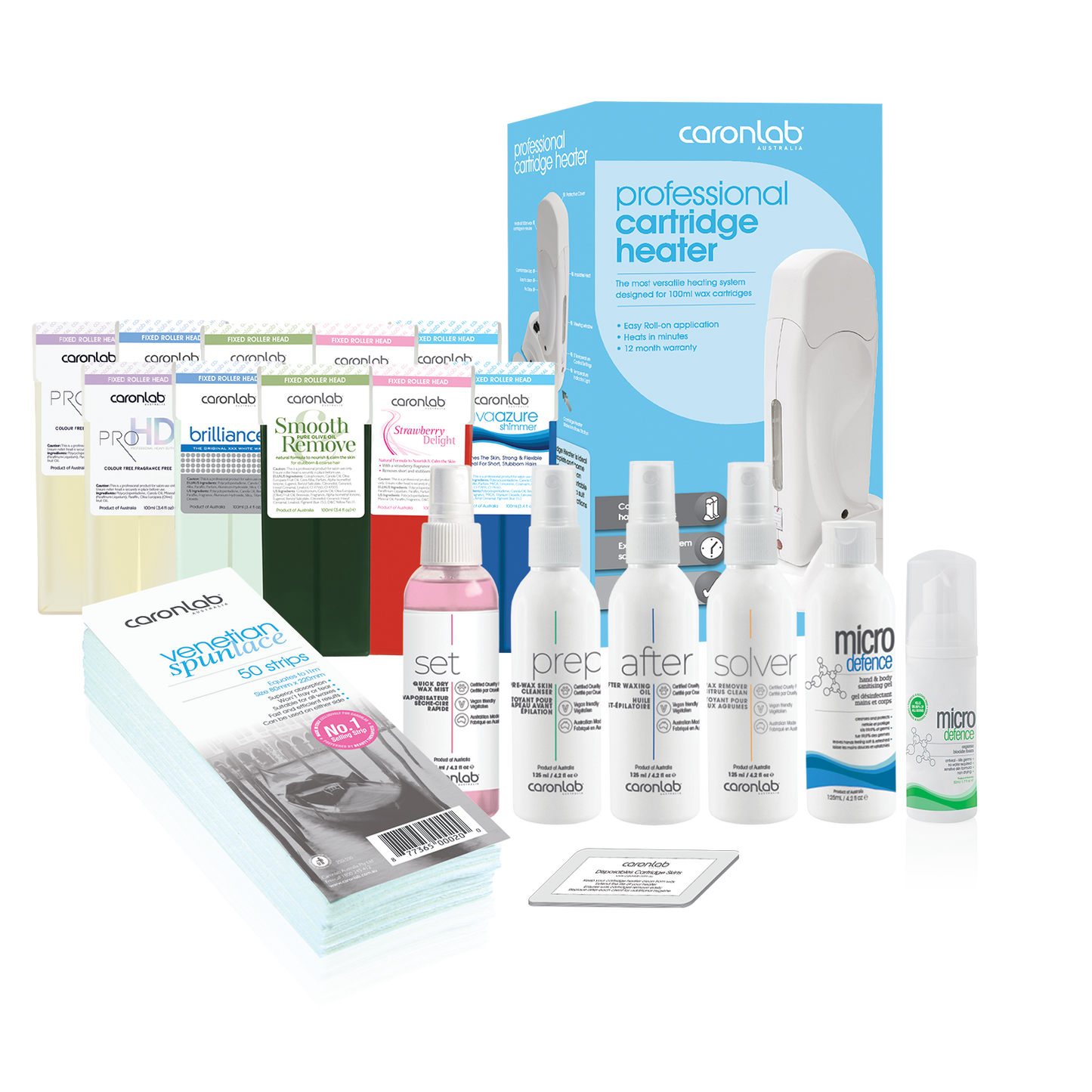 Collection of caronlab single cartridge waxing kit including cartridges, prep and post bottles, boxes, and packaging on a white background