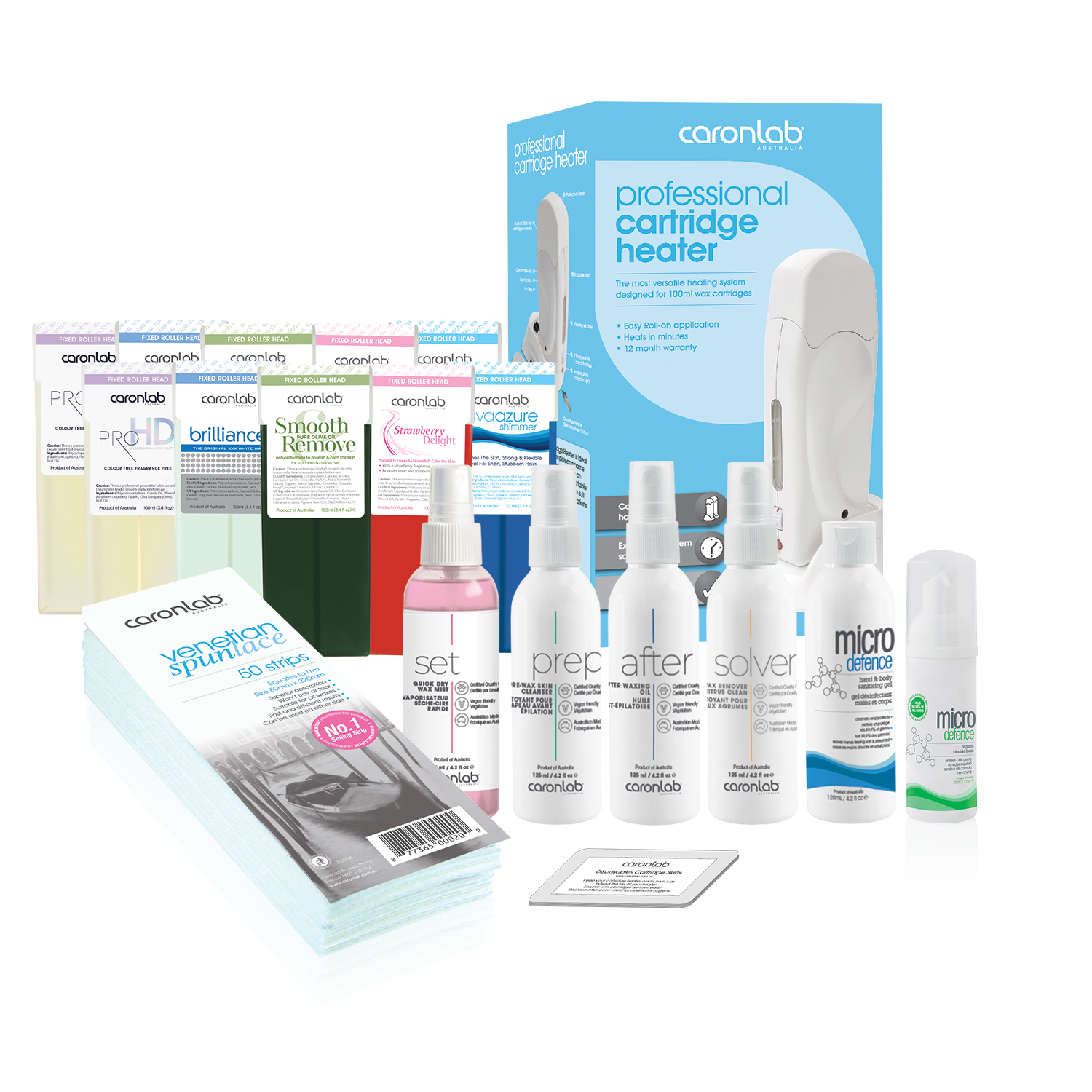 Collection of caronlab single cartridge waxing kit including cartridges, prep and post bottles, boxes, and packaging on a white background