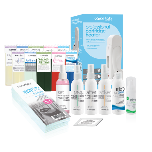 Collection of caronlab single cartridge waxing kit including cartridges, prep and post bottles, boxes, and packaging on a white background