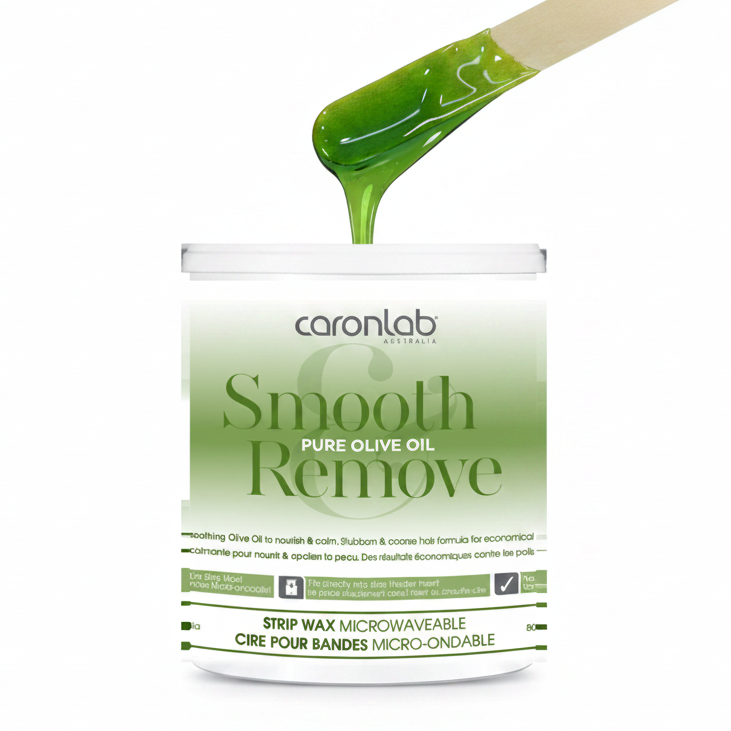 Caronlab Smooth Pure Olive Oil Remove strip wax container with green wax being poured.