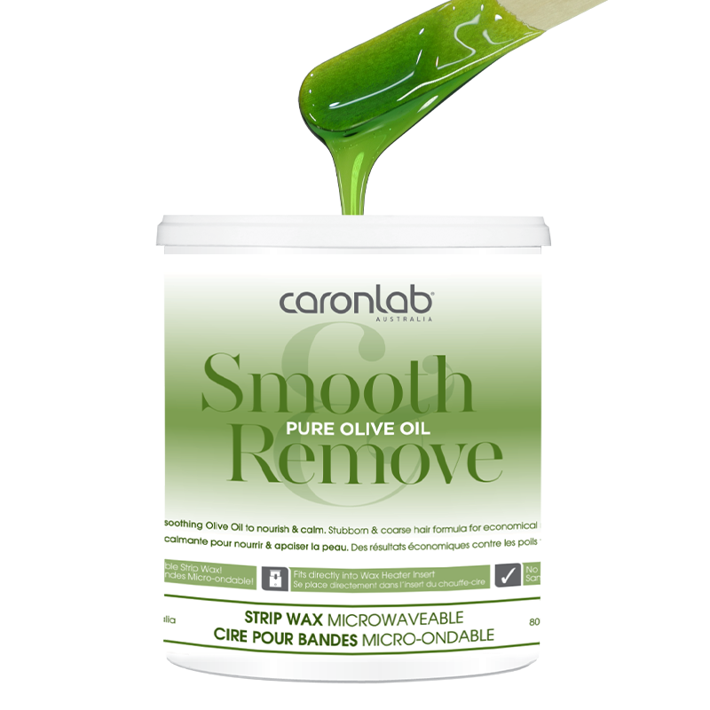 Caronlab Smooth Pure Olive Oil Remove strip wax container with green wax being poured.