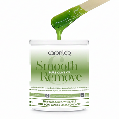 Caronlab Smooth Pure Olive Oil Remove strip wax container with green wax being poured.