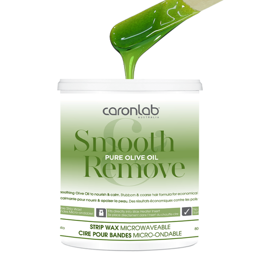 Caronlab Smooth Pure Olive Oil Remove strip wax container with green wax being poured.
