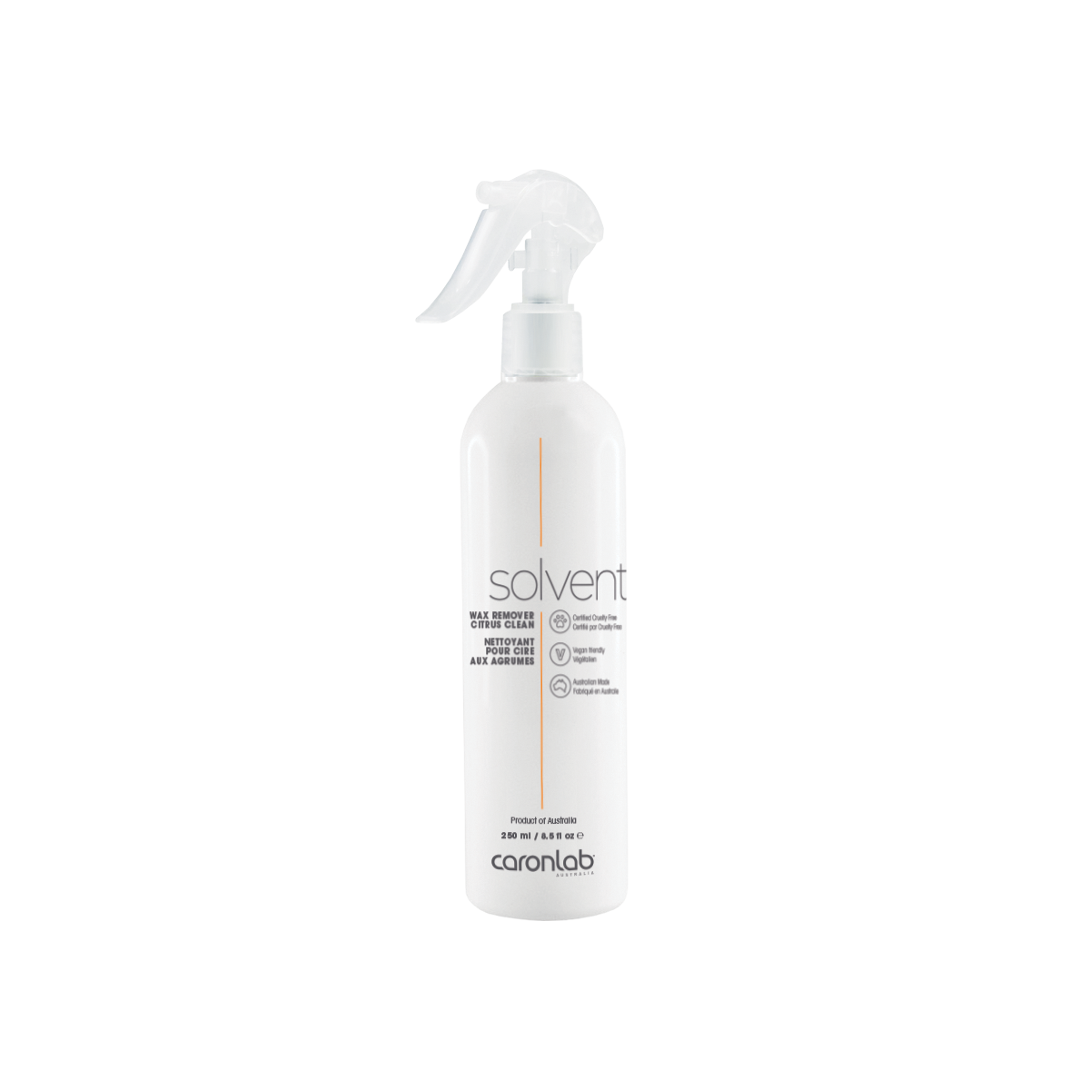White spray bottle labeled 'solvent' by caronlab on a white background