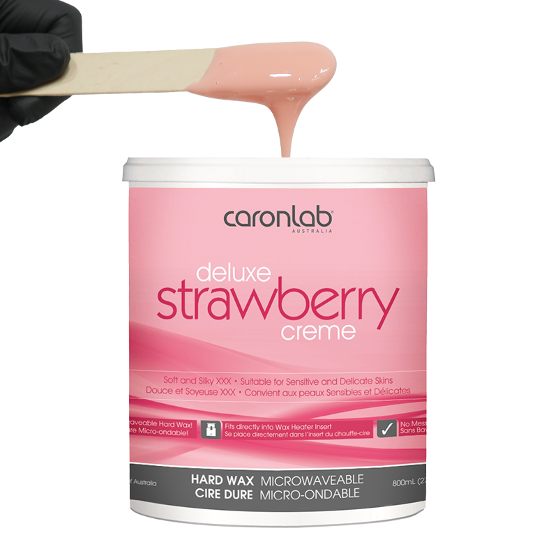 Caronlab strawberry creme hard wax with a spatula on a white background