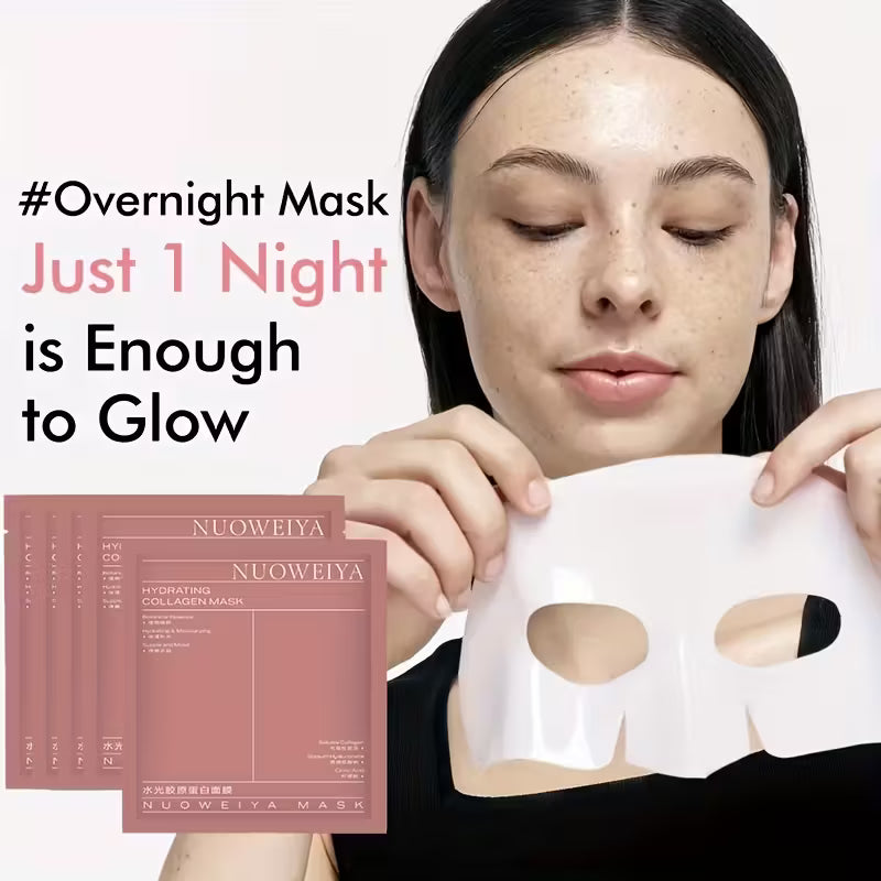 Woman holding a facial mask with text 'Overnight Mask Just 1 Night is Enough to Glow' and Nuweiya masks packaging.
