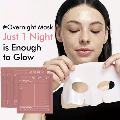 Woman holding a facial mask with text 'Overnight Mask Just 1 Night is Enough to Glow' and Nuweiya masks packaging.