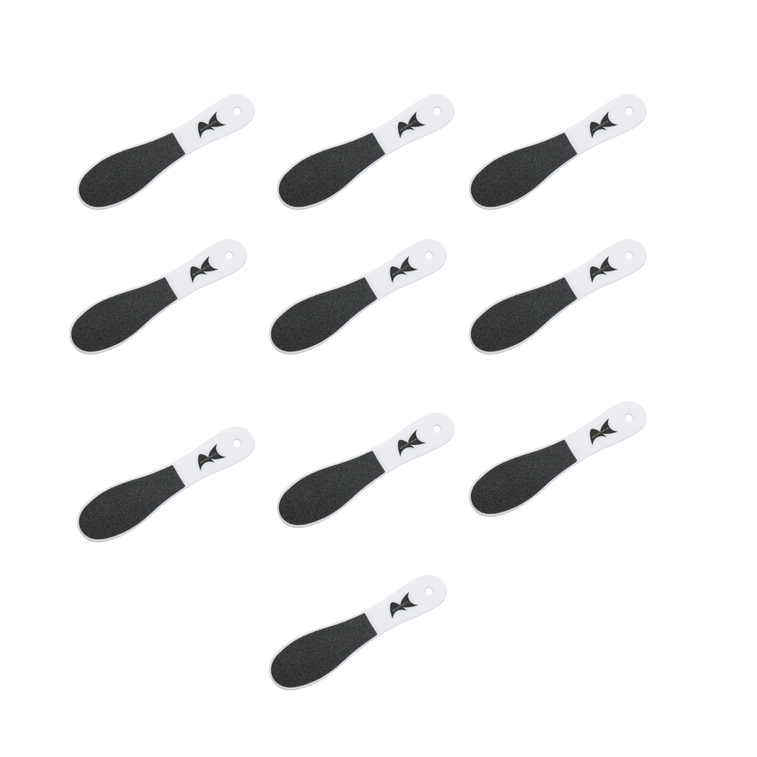Set of black and white disposable foot files on a white background