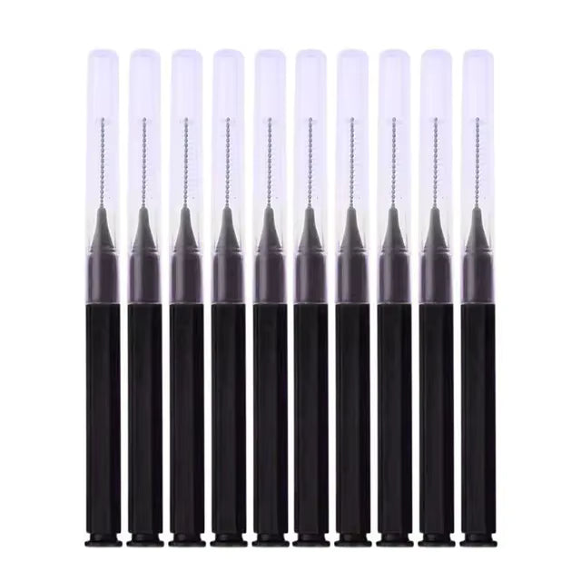 Black disposable interdental lash and brow brushes with clear protective caps