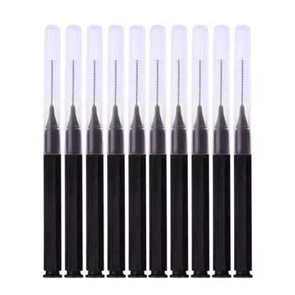 Black disposable interdental lash and brow brushes with clear protective caps