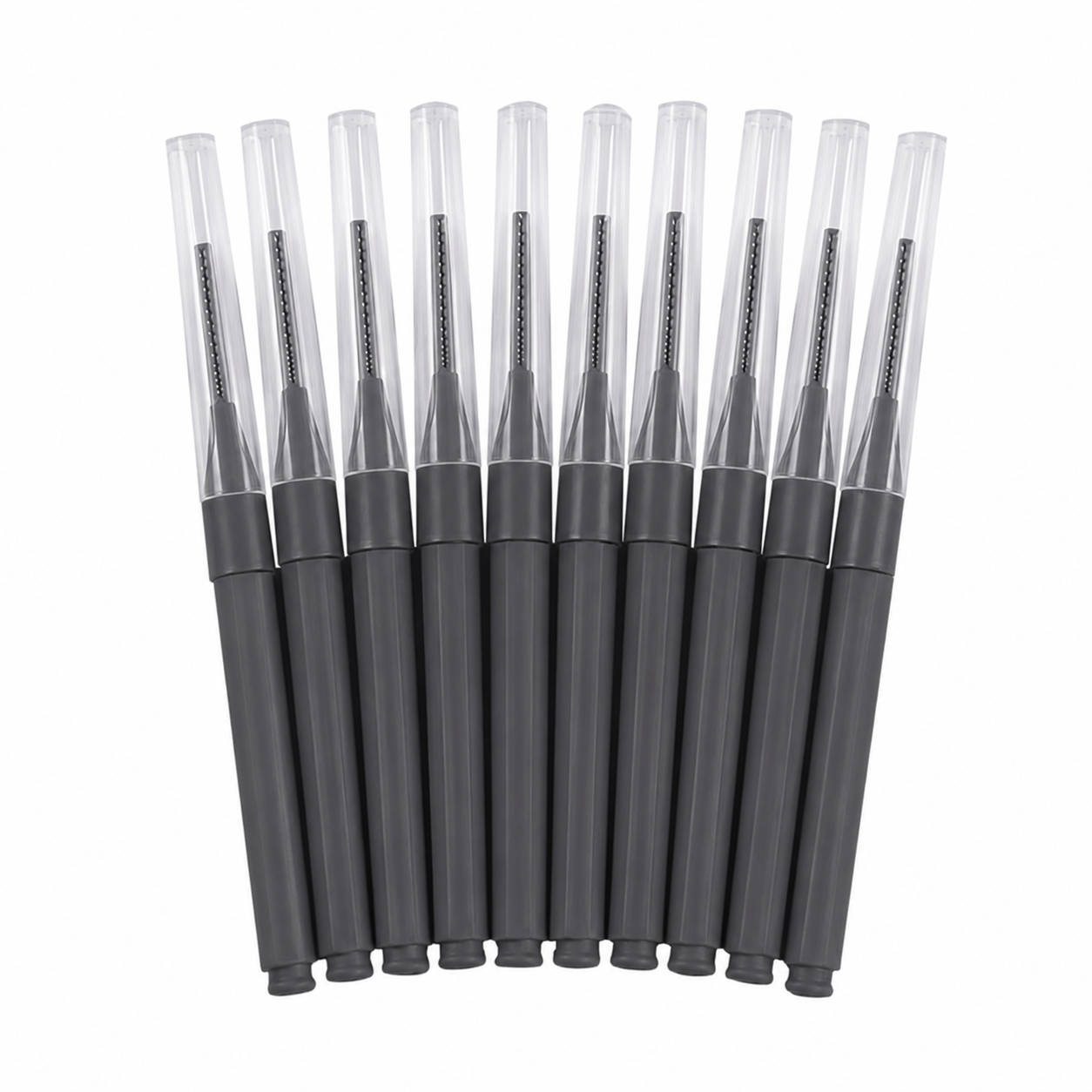 Dark grey disposable interdental lash and brow brushes with clear protective caps
