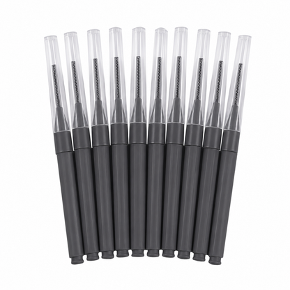 Dark grey disposable interdental lash and brow brushes with clear protective caps