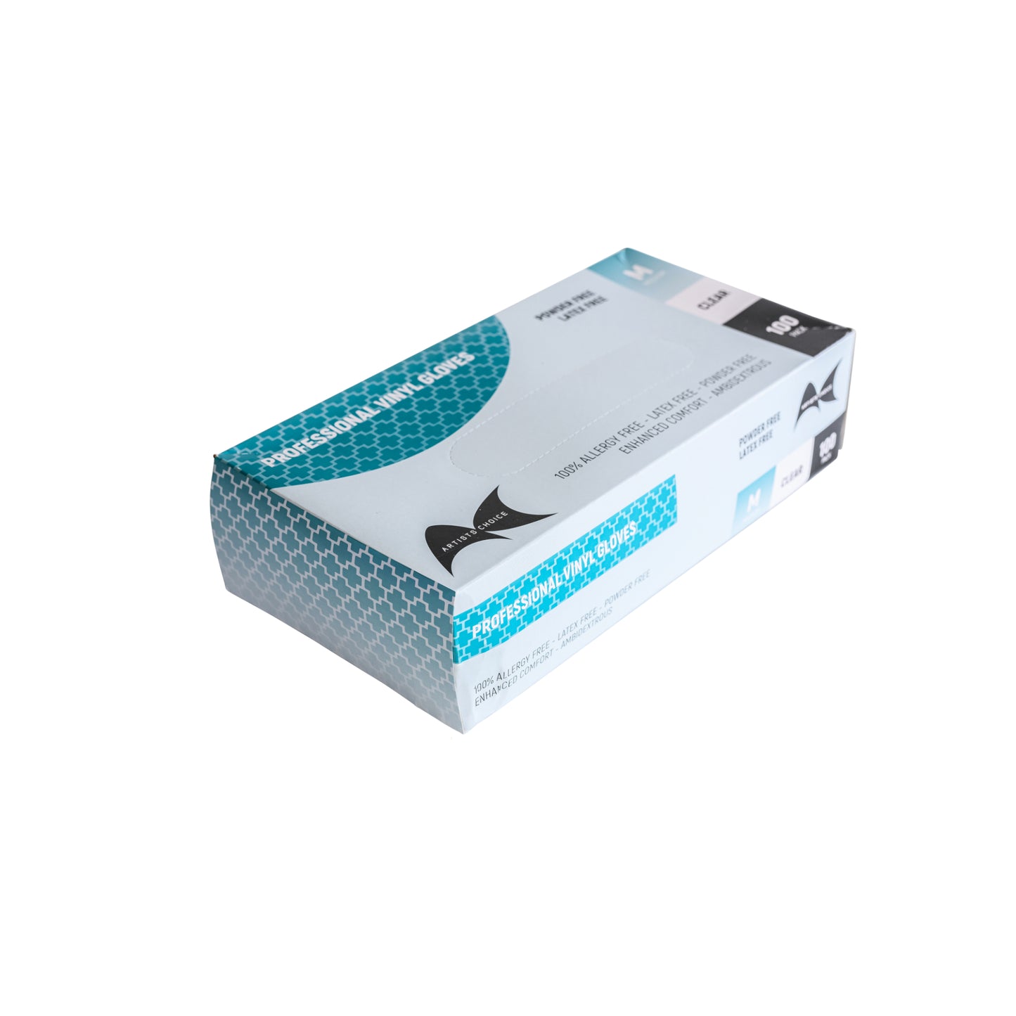 Box of disposable medium vinyl gloves on a white background