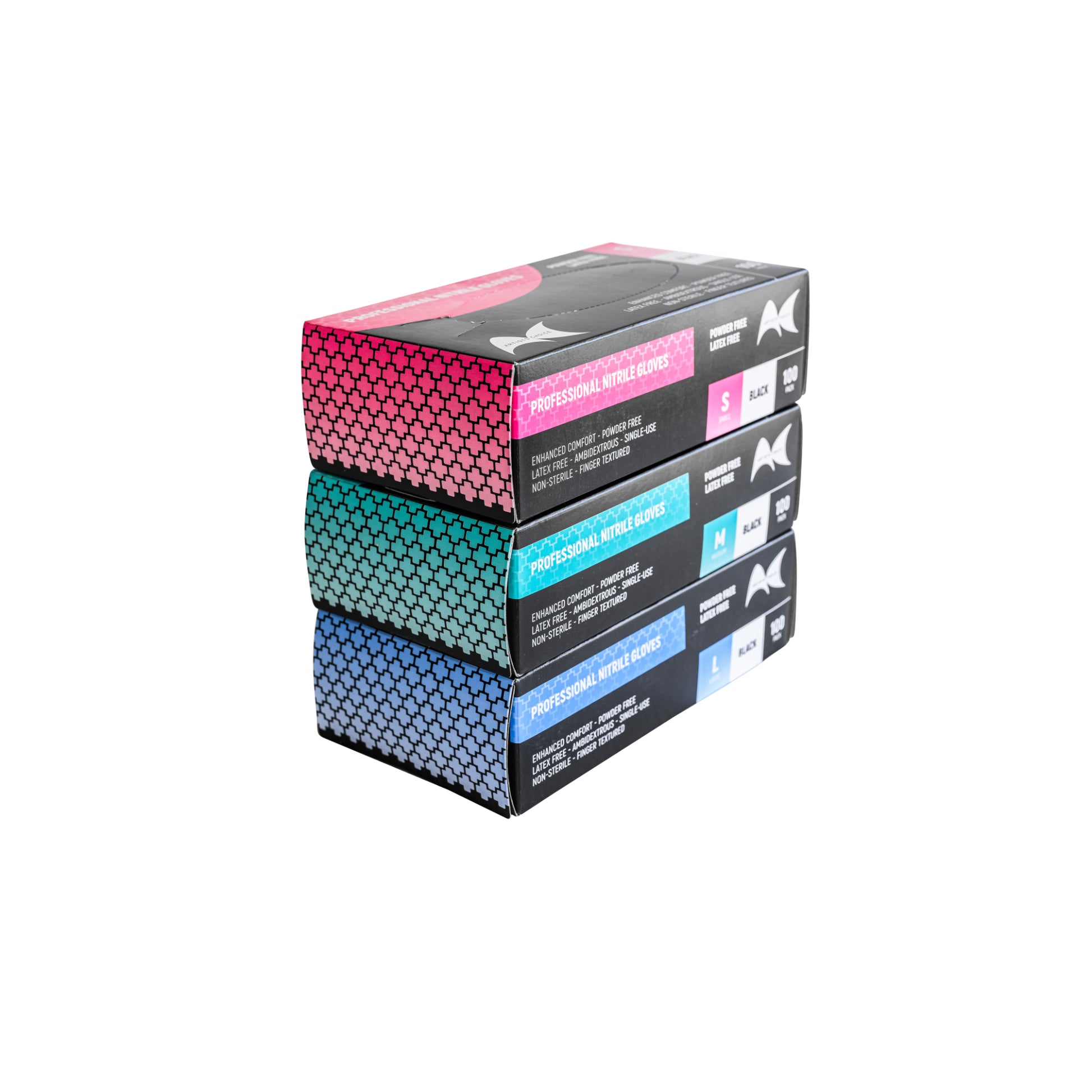 Stack of nitrile gloves in boxes with colorful designs on a white background
