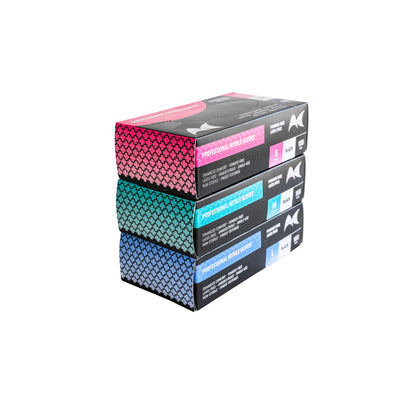 Stack of nitrile gloves in boxes with colorful designs on a white background