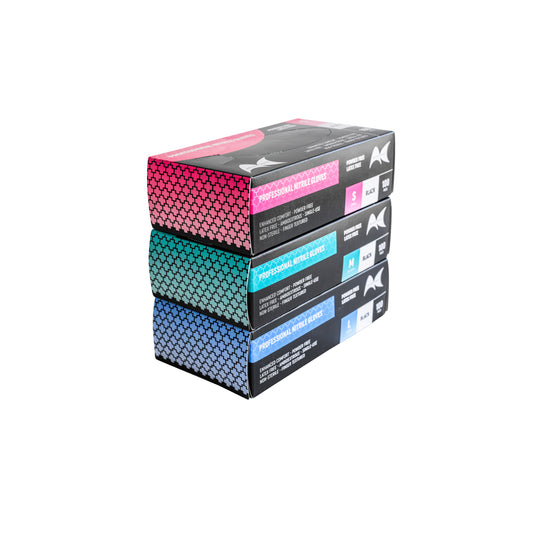 Stack of nitrile gloves in boxes with colorful designs on a white background