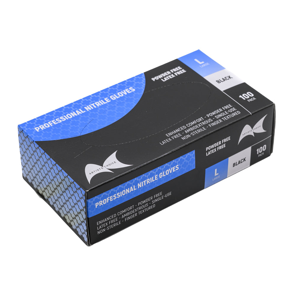 Box of professional nitrile gloves with blue and black design on a white background