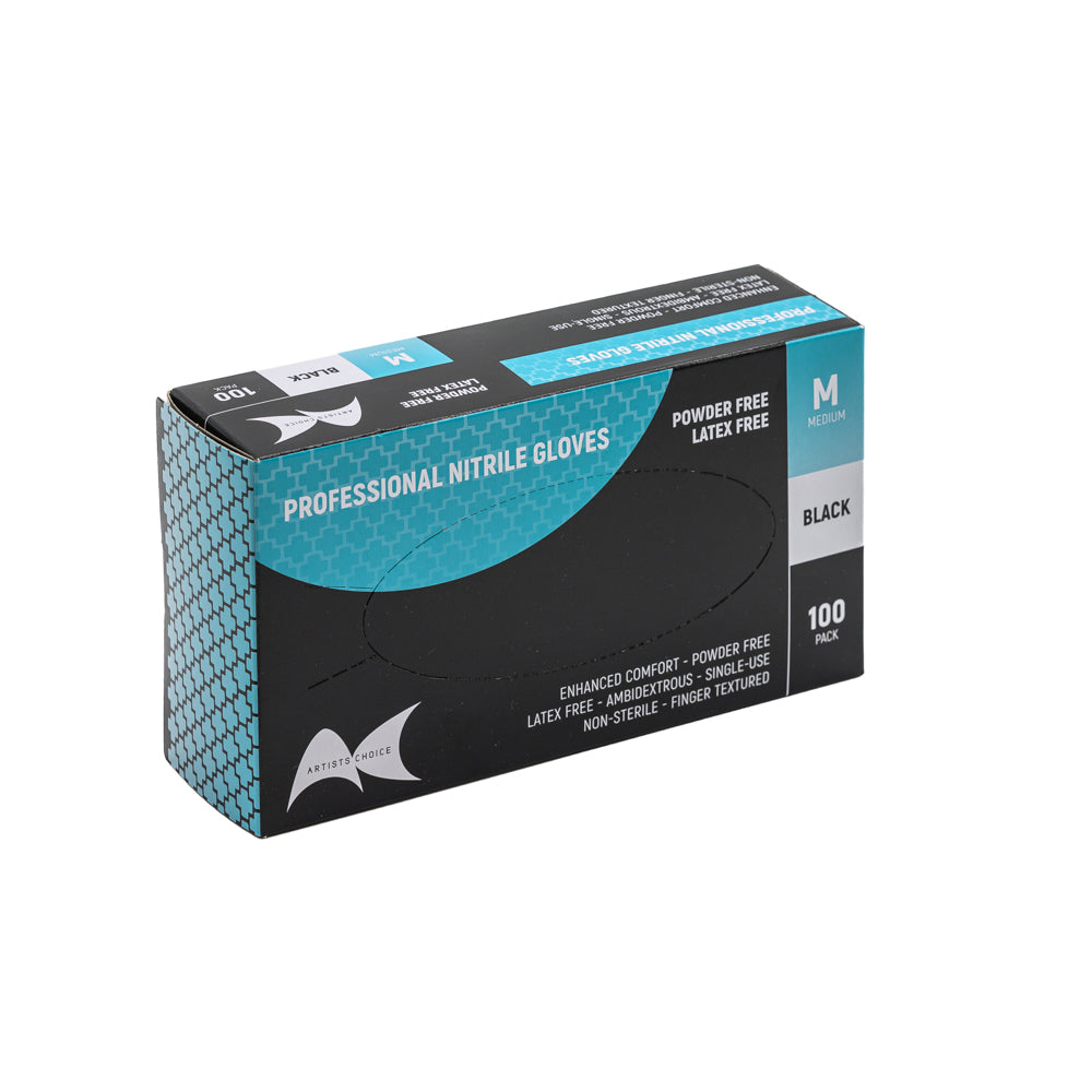 Box of professional nitrile gloves with black and blue design on a white background
