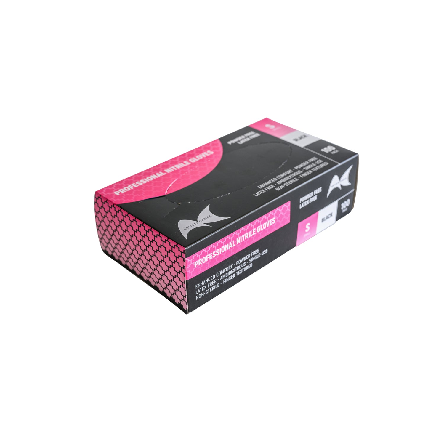 Box of professional disposable nitrile gloves in small size with pink and black design on a white background