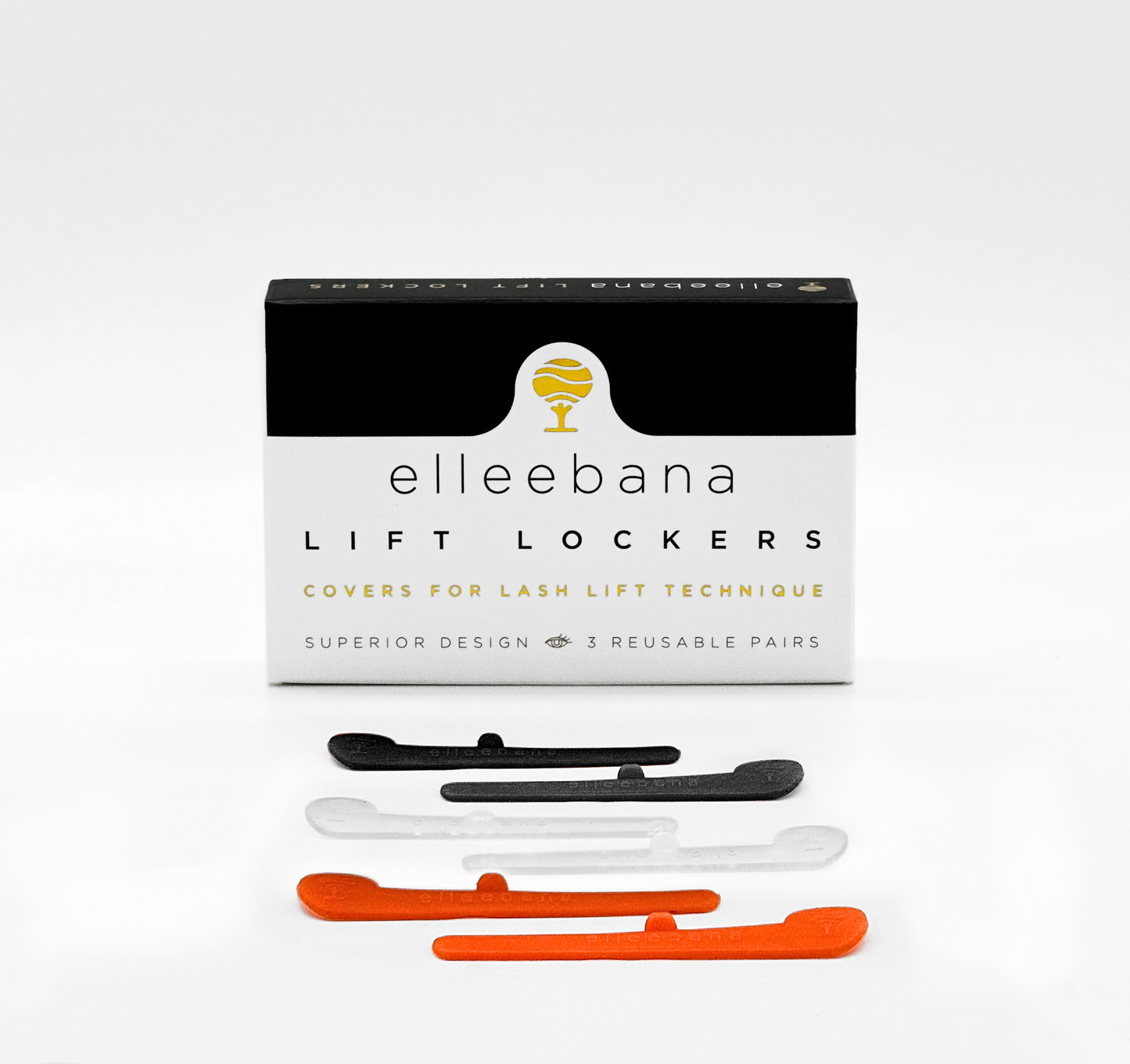 Elleebana Lift Lockers reusable lash lift covers in black white and orange colours