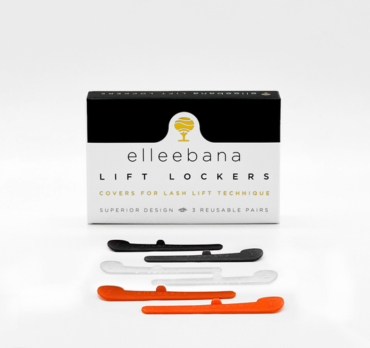 Elleebana Lift Lockers reusable lash lift covers in black white and orange colours