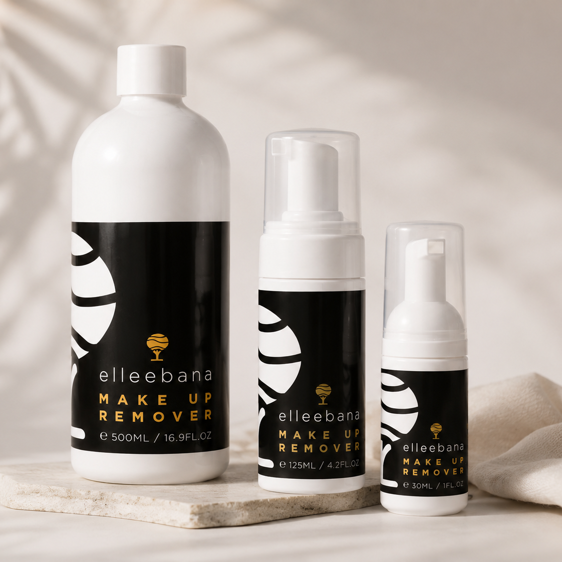 Elleebana makeup remover range featuring 30ml, 125ml and 500ml professional lash and brow makeup removers