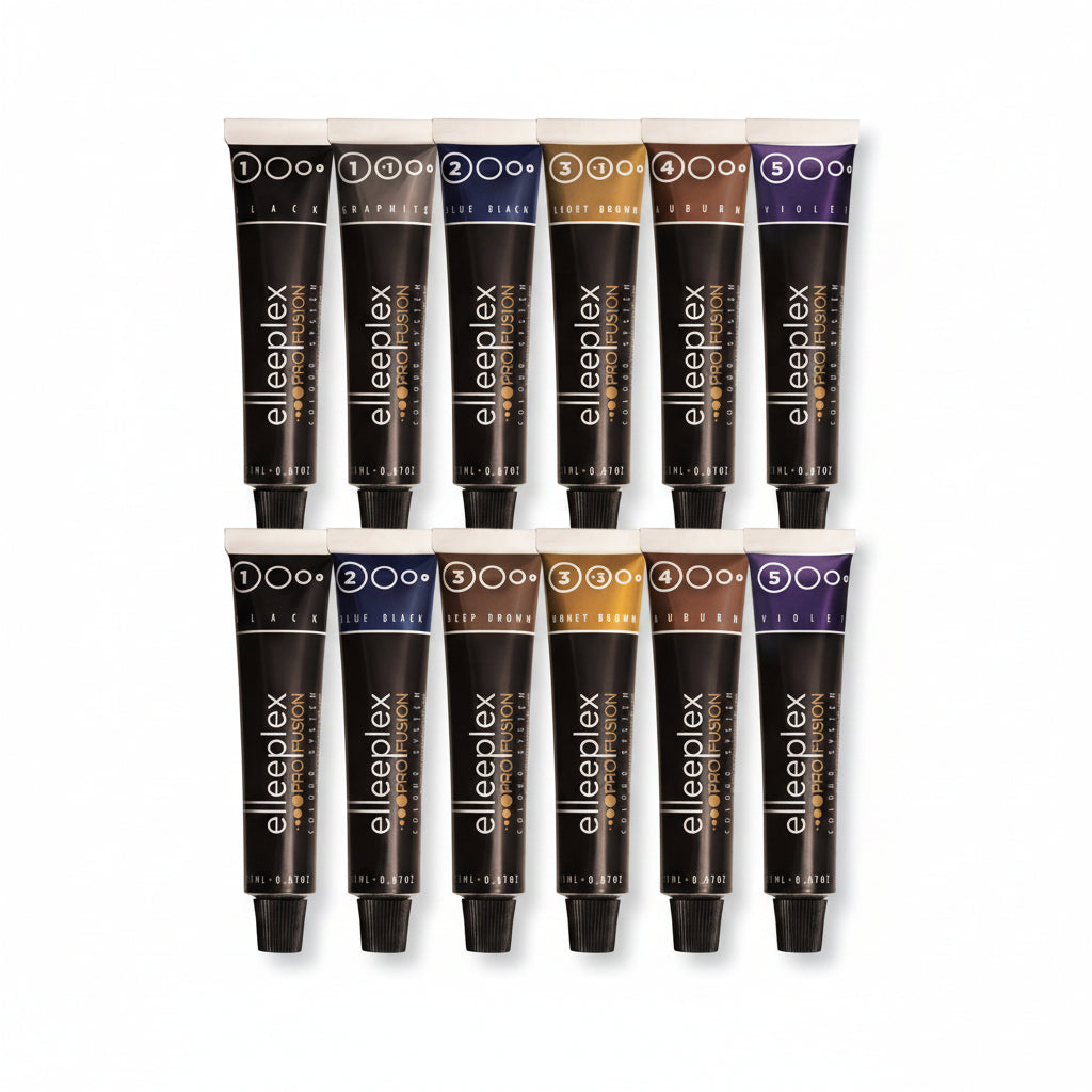 Elleeplex Pro Fusion professional lash and brow tint colour range including black blue black brown auburn and violet shades