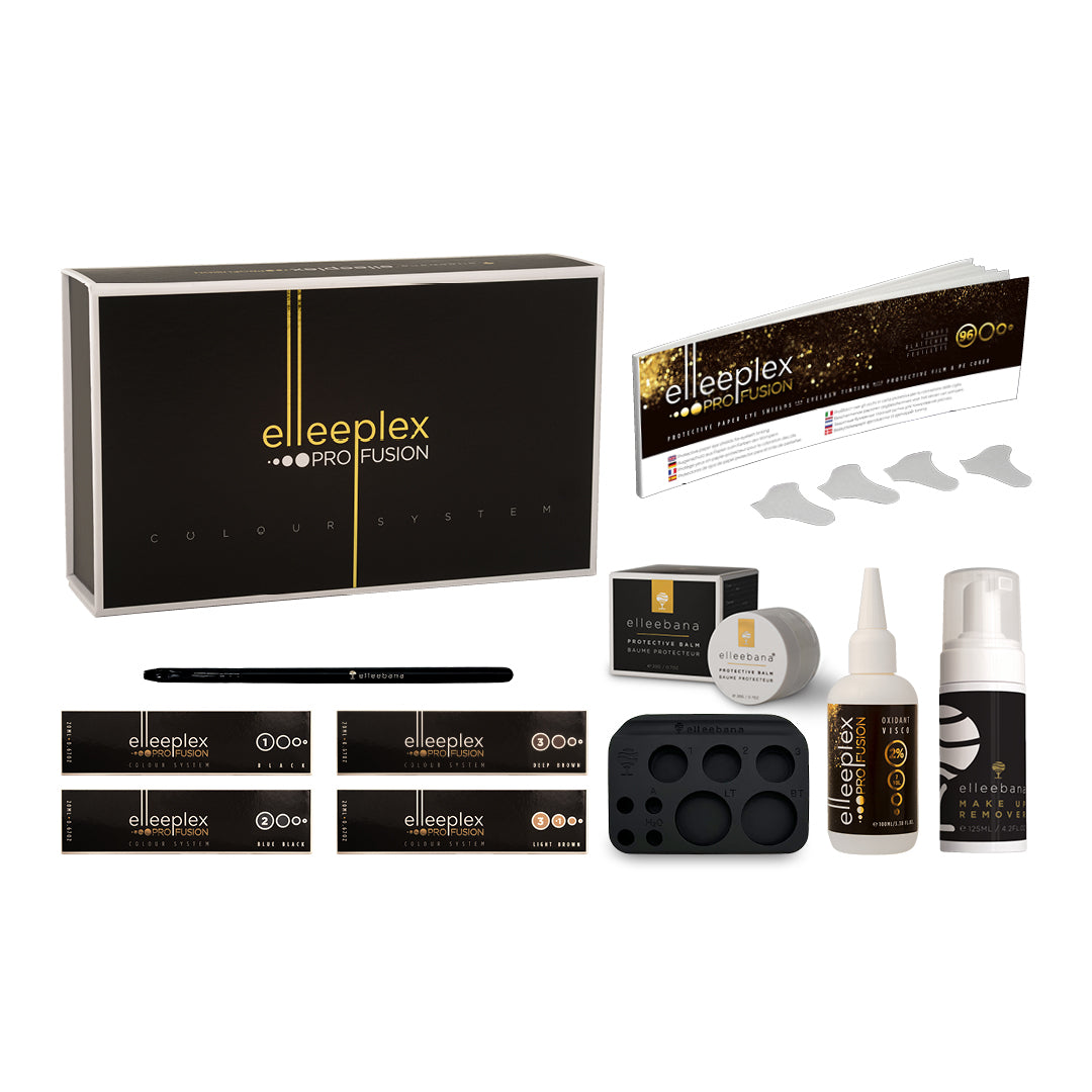 Elleeplex Pro Fusion mini brow tint kit with professional tint shades, oxidant, remover and application accessories