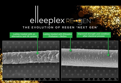 Microscopic comparison of lashes treated with Elleeplex Profusion and ReGEN NEXT GEN showing improved strength and conditioning