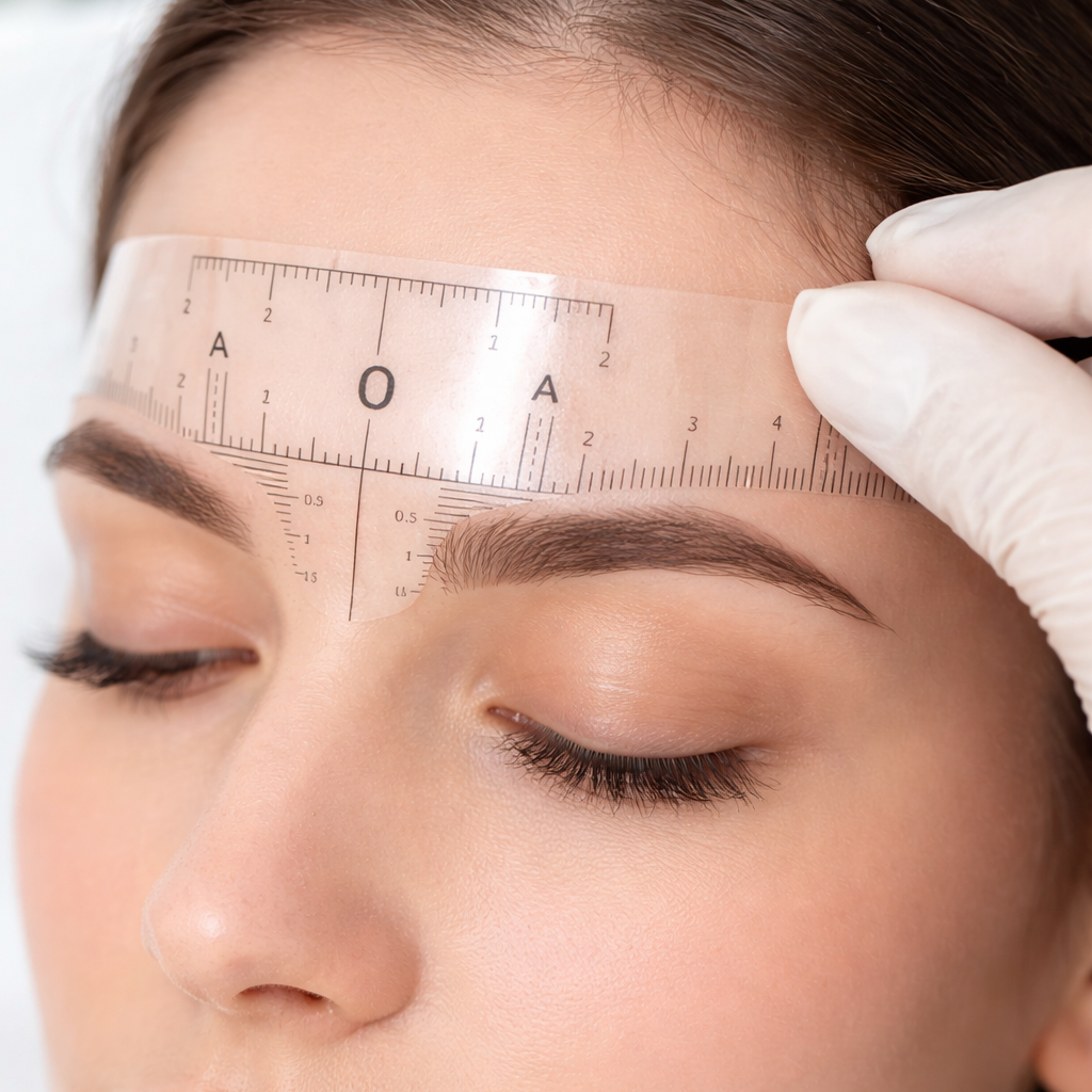 Disposable eyebrow mapping ruler applied on client for precise brow shaping